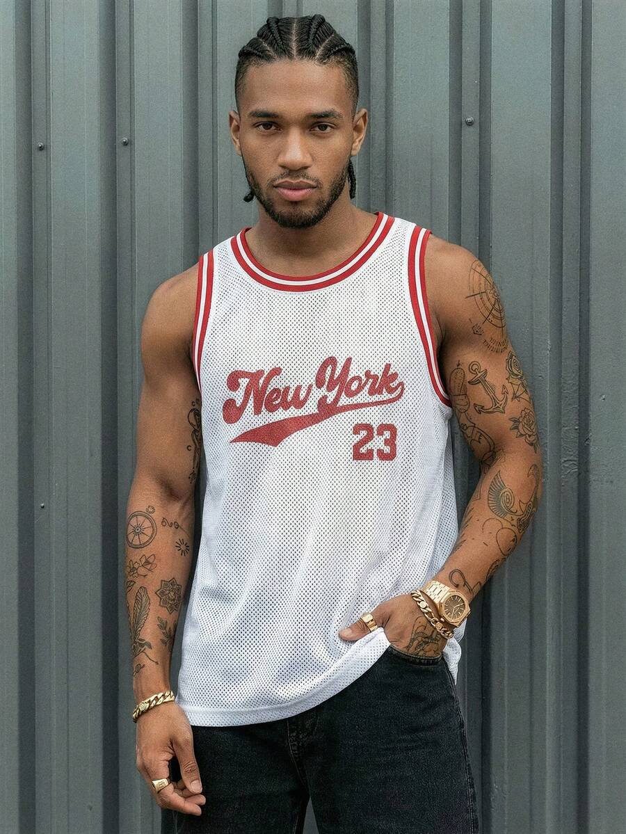 AXEPEAK Áo ba lỗ bóng rổ nam, vải lưới đan NEW YORK 23 in họa tiết sọc, cổ áo và cổ tay áo - trắng - Xem 1