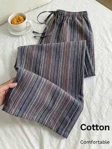 Comfortcana Linen Textured Striped Drawstring Waist Comfortable Casual Plus Size Pants - Navy Blue - View 1