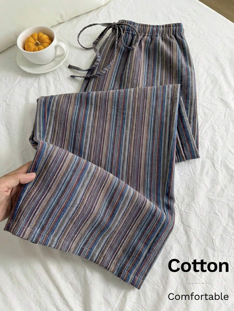 Comfortcana Linen Textured Striped Drawstring Waist Comfortable Casual Plus Size Pants - Navy Blue - View 1