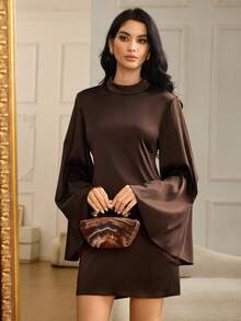 Modelyn Women's Solid Color Stand Collar Backless Elegant Waist Cinched Flare Sleeve Mini Dress, Suitable For Vacation And Party - Brown - View 2