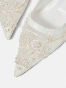 CUCCOO HITCHD Giày cao gót mũi nhọn, đế chunky, thêu họa tiết và đính hạt cườm dành cho nữ, kiểu dáng hở gót quai ngang, thanh lịch và thời trang cho đám cưới, ngày Valentine, tiệc trà. - trắng - Xem 10