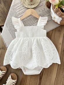 SHEIN LMoss Kids 少女纯色方领荷叶边连体衣 - 白色 - 查看 2