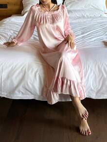 DAZY Romantic Dragonfly Print Satin Off-Shoulder Loose Women Nightgown - Pink - View 1