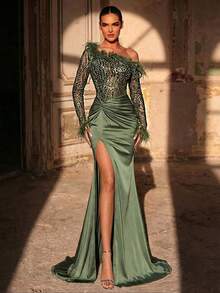 Glamrae Elegant Formal Sexy Pearl Sequin Embroidered Strapless Mermaid Dress Ruched Elastic Knit Gown Furry Twist Sleeve Wedding Prom Rehearsal Dinner Party - Army Green - View 2