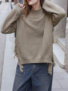 Maija Women's Khaki Versatile Modern City Loose Drop Shoulder Round Neck Pullover Sweater, With Side Fringe Detail, All Season Hippie - Khaki - View 6