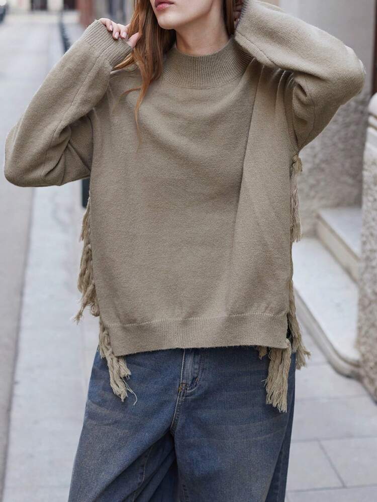 SHEIN Maija Women's Khaki Versatile Modern City Loose Drop Shoulder Round Neck Pullover Sweater, With Side Fringe Detail, All Season Hippie