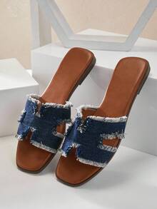 SHUZIA #Streetchic Women's Harness Cut-Out Open Toe Soft-Cushion Dark Indigo Slide Sandals – Casual, & Easy To Style - Blue - View 7