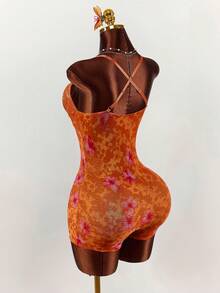 Amplova 女士蕾丝拼接无袖连体裤，热带花卉网纱蕾丝罩杯细节修身连体裤度假装束，女士度假装束，女士假日装束 - 橘色 - 查看 7