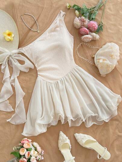 Soleia New Vacation Knit Textured Asymmetric Shoulder Tie Strap Patchwork Woven Mini Dress, Bohemian, Boho, Romantic Floral, Vacation, Floral For Party, Date, Valentine's Day, Easter, Carnival, Afternoon Tea, Beach, Cruise, City Vacation,Carnival