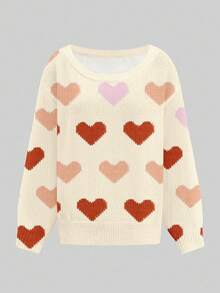 EMERY ROSE 女士休闲露肩毛衣 - 秋冬装。复古米色和粉色爱心图案，大地色系。适合休闲外出、度假、居家穿着，打造波西米亚风情，也是馈赠佳品，情人节礼物之选。 - 彩色 - 查看 8