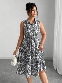 Elenzga 大码女式植物印花单排扣休闲无袖衬衫裙 - 彩色 - 查看 3