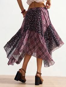 Bohemela 波西米亚风休闲度假针织网眼格子印花拼接宽松不对称下摆女裙 - 彩色 - 查看 7