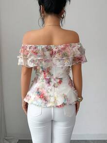 Elenzga Women's Elegant Open Shoulder Ruffle Trim Fitted Sleeveless Blouse, Spring - Multicolor - View 5