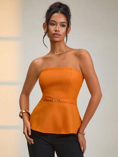 EURMUSE Women's Russet Orange Sleeveless Blouse – A-Line Shape, Side Zipper, 55cm Length, Gold Chain Detail, Elegant Waist-Cinched Non-Stretch Top