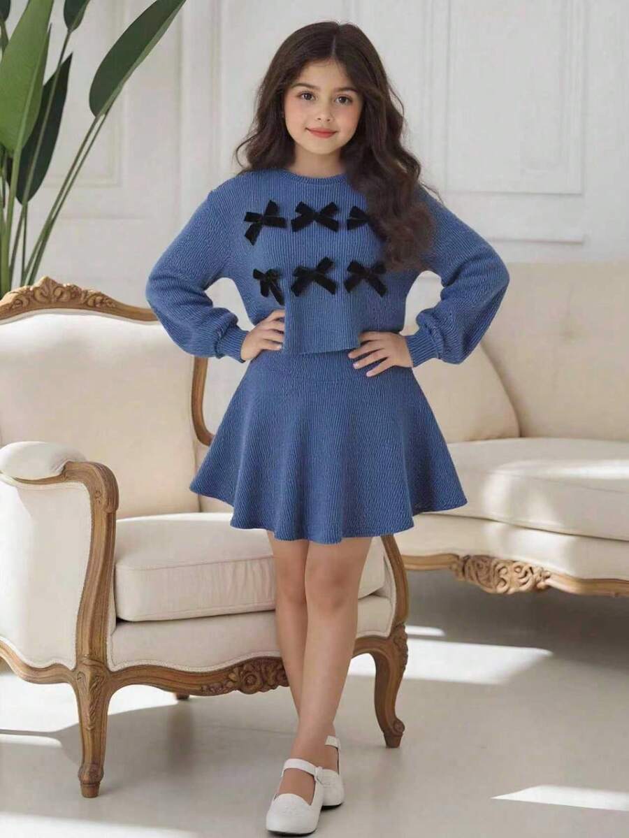Bộ áo và chân váy màu hồng dáng rộng tay phồng dành cho bé gái tuổi teen, thời trang cho mùa tựu trường thu/đông. - Màu xanh hải quân - Xem 1