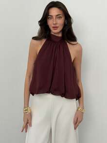 Aloruh 女士立领纯色无袖露脐优雅上衣，百搭夏季海滩度假波西米亚热带风情情人节返校季 - 咖啡棕 - 查看 5