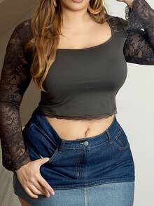 MelDlgn Plus Size Women Lace Patchwork Long Sleeve Top/Winter - Coffee Brown - View 3