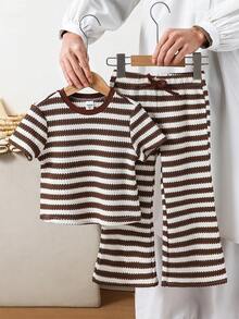 SHEIN 2pcs/Set Young Girl Knitted Striped Round Neck T-Shirt And Fitted Flare Pants Outfit - Mocha Brown - View 5