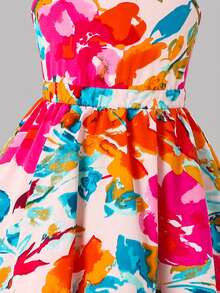 SHEIN 年轻女孩优雅简约露背印花无袖连衣裙 - 粉色 - 查看 6