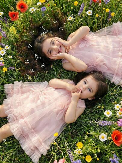 Vestido de malla sin mangas con volantes y decoración floral 3D en estilo de vacaciones de verano para niña bebé