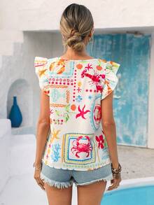 Vivid Eden Woven Printed Square Collar Puff Sleeve Fitted Women Shirt - Multicolor - View 2