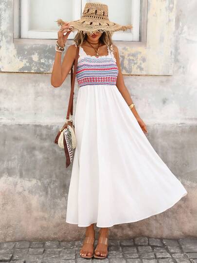 Brillora Bohemian Style Printed Spaghetti Strap A-Line Waist Cinched Casual Vacation Dress For Women, Spring/Summer, Spring Clothes Women , Summer Dress , Summer Dresses For Women , Summer Outfits  , Summer Holiday Outfits, White Dress