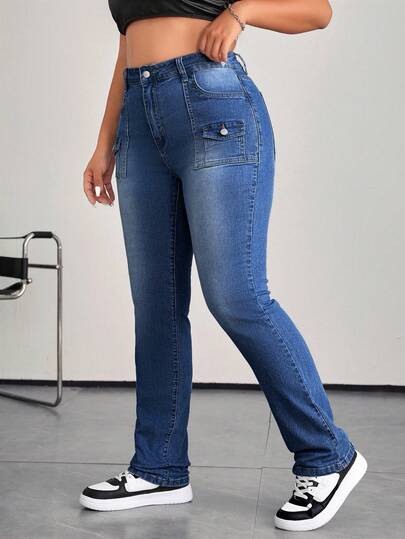 Firerie 大码女式休闲弹力喇叭工装牛仔裤，蓝色