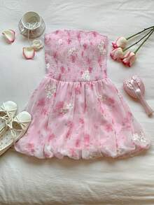 Comfortcana Women's Floral Print Strapless Backless Mini Dress, Vacation Style - Baby Pink - View 3