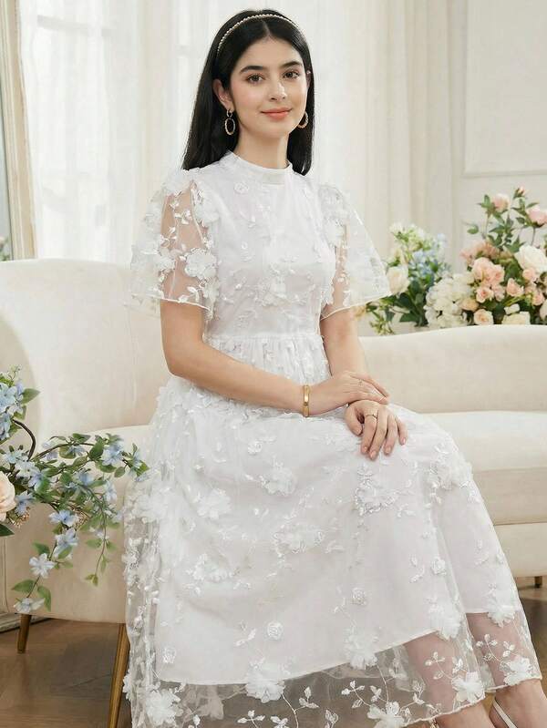 SHEIN Elegant Lace Floral Mesh Embroidered A-Line Dress, Suitable For Weddings, Spring/Summer Elegant White Dresses Korean Cut Dress White White Dress For Teenager Flowers Girl Dress White White Dresses For Women