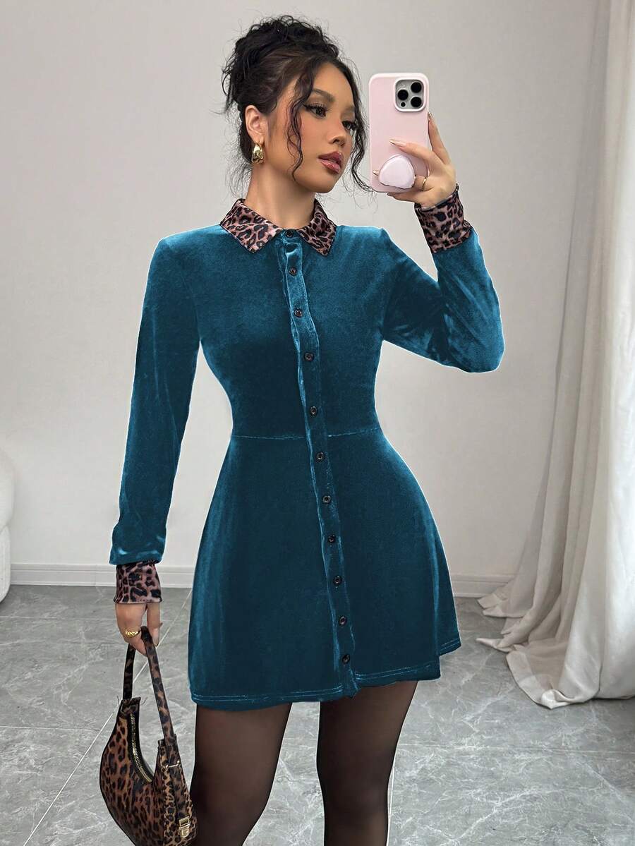 Elenzga 豹纹天鹅绒黑色舒适优雅浪漫简约女士连衣裙 - 水鴨藍 - 查看 1