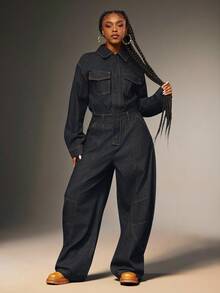 Denimoi Button Front Collared Long Sleeve Barrel Leg Denim Jumpsuit Barrel Jeans Long Sleeve Jumpsuit - Dark Wash - View 6