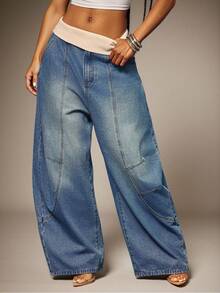 Denimoi Rib Fold Over Baggy Fit Barrel Jeans Fashionable Streetwear - Light Wash - View 4