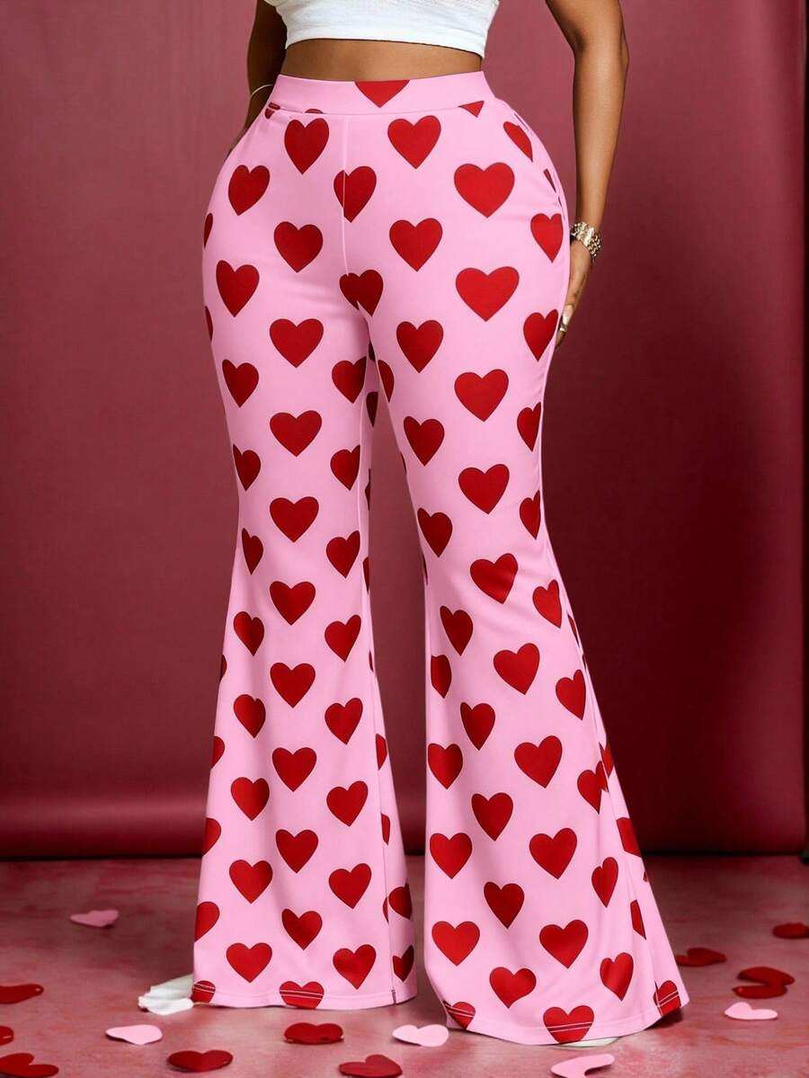 Maweii Quần ống loe cạp cao in hình trái tim thời trang dành cho nữ cỡ lớn - Hồng - Xem 1