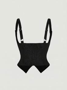 SHEIN MOD Bộ đồ 2 món cỡ lớn kiểu retro bằng vải nhung kẻ, gồm áo hai dây cài khuy đôi và quần ống rộng. - màu đen - Xem 6