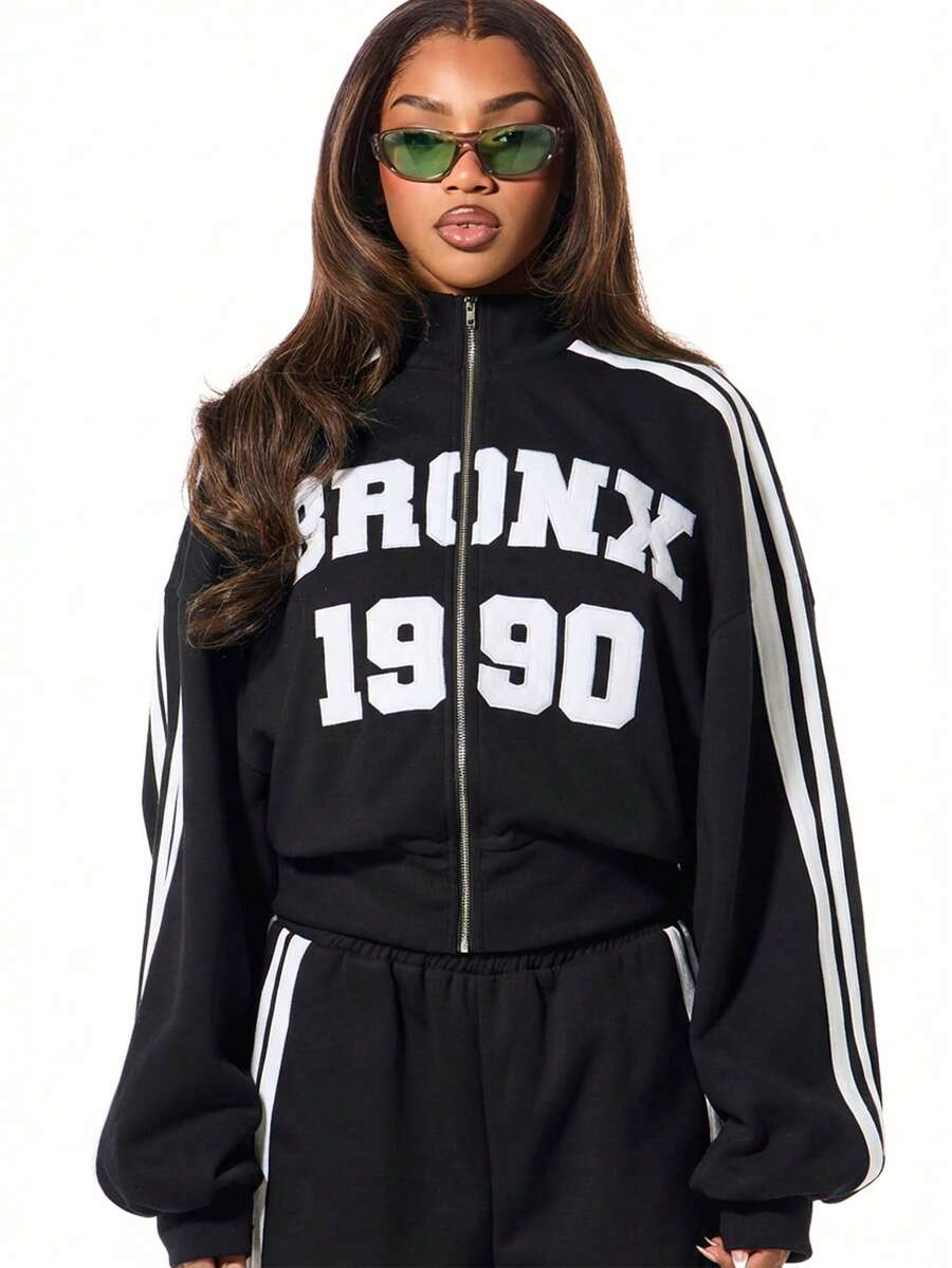 SUMWON WOMEN Bronx 1990 Print Track Jacket With Side Stripes Casual Urban Streetwear Long Sleeve Zip Up Sweatshirt - Black - View 1