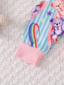 SHEIN 2pcs Baby Girls Snug Fit Long Sleeve Crew Neck Top And Long Pants Homewear Set, Knitted Fabric, Cute Bear Print, Comfortable And Soft - Blue - View 6