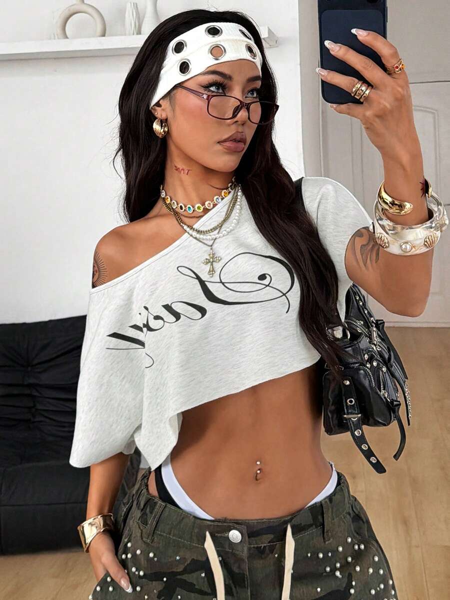 Coolane Summer Outfits Women Concert Outfit Streetwear Y2K Casual Daily Wear Sportswear French Grey Off The Shoulder Asymmetrical Neck Crop T-Shirt