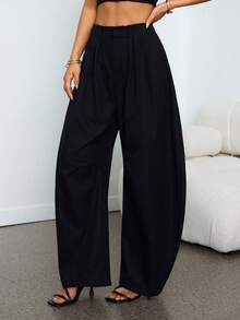 SHEIN PETITE 性感黑帮妻子派对基本款纯色炭灰色褶皱宽松筒裤 - 黑色 - 查看 10