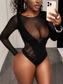 BamGleam 女士纯色圆领长袖性感网纱连体衣 - 黑色 - 查看 1