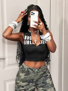 BamGleam2026 Summer Streetwear Women's Black And White Racing Style Sports Print Sleeveless Tank Top,Slim V-Neck Incision Design Night Out Clothing - Black - View 4