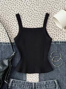 SHEIN Tween Girl Black Knitted Bow Embroidered Camisole Sweet Casual Cami Top, Spring And Summer, Basic, Daily, Versatile, Back To School Season - Black - View 2