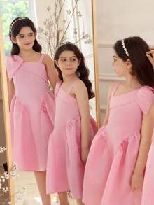 Glamorique Kids 法式新款女童连衣裙，女童生日派对晚礼服，优雅公主裙，适合主持、走秀、钢琴演奏会等场合，高端蓬蓬裙 - 藕粉色 - 查看 4