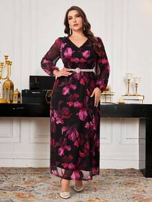 SHEIN CURVE+ Váy dạ hội dài tay cổ chữ V in hoa cỡ lớn/2026/Năm mới - Màu Đỏ Sâu - Xem 5