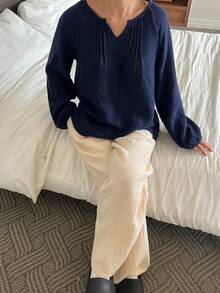 DAZY Wabi-Sabi Style Pleated Texture Fabric Lantern Sleeve Loose Women's Pajama Set - Navy Blue - View 10