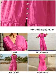 Maija Vestido midi de mujer casual con parches de encaje, fruncido, de manga corta y abotonadura sencilla, adecuado para primavera y vacaciones, estilo bohemio - Rosa Fucsia - Ver 2