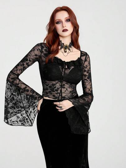 Breakform 女士哥特风性感蕾丝网纱拼接方领荷叶边前系带喇叭袖修身短款上衣