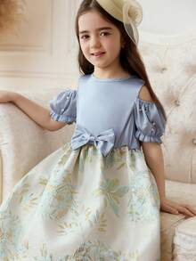 Sommer Neue Mode Elegantes Mädchenkleid, Rundhalsausschnitt Off-Shoulder Kleid mit Perlen, Puffärmel, Taille mit Einsatz, Blume Muster, großer Rock, süßes Prinzessinnenkleid, geeignet für Hochzeit, Party, Aufführung, eleganter Stil - Blau - Übersicht 5