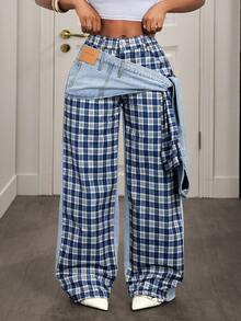 Slaydiva Women's Plaid Print Elastic Waist Tie Front Casual Versatile Jeans - Blue - View 5
