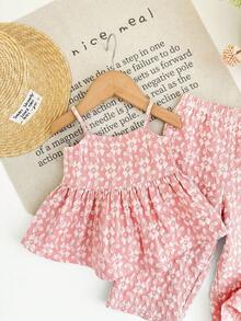SHEIN LMoss Kids Babygirl Cute Ditsy Floral Camisole Top And Elastic Waist Pants Set, Summer - Pink - View 5