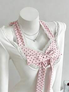 Elamini 女士休闲撞色波点蝴蝶结蕾丝边T恤，春秋季 - 白色 - 查看 3